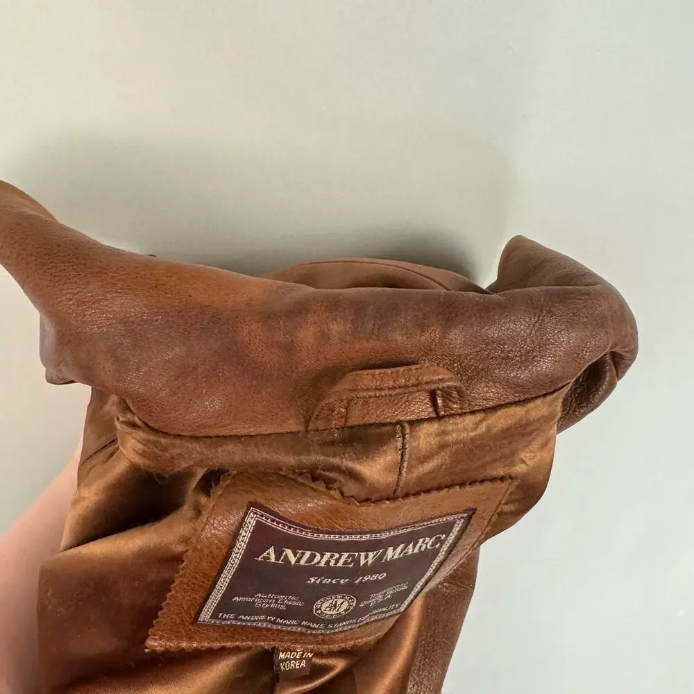 Andrew Marc Leather Car Coat S Brown Button Front Classic Heritage Luxury Jacket